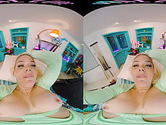 Seductive blonde with big boobs gives you a steamy show in VR