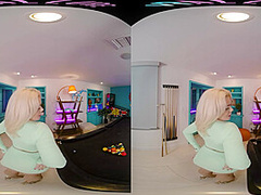 Seductive blonde with big boobs gives you a steamy show in VR