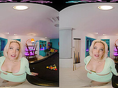 Seductive blonde with big boobs gives you a steamy show in VR