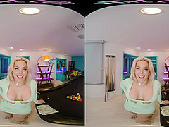 Seductive blonde with big boobs gives you a steamy show in VR