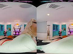 Seductive blonde with big boobs gives you a steamy show in VR