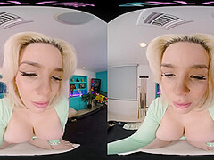 Seductive blonde with big boobs gives you a steamy show in VR