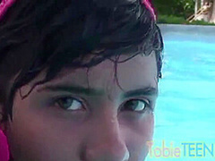 Tobie Teen with small tits Fingering at Pool Solo