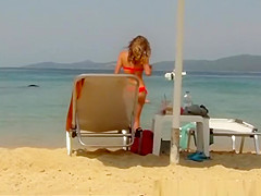 Sexy ass brunette chick in red bikini