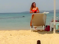 Sexy ass brunette chick in red bikini