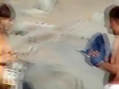 Skinny girl removes her bikini bottom