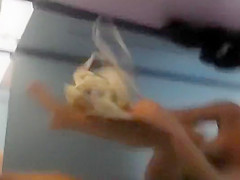 Athletic chick wipes off in a pool cabin