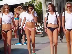 Four beautiful girls walking