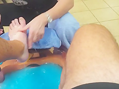Cock flash and jack off cum shot while getting pedicure