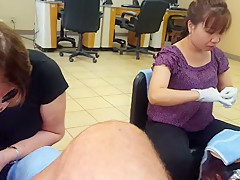 Cock flash and jack off cum shot while getting pedicure