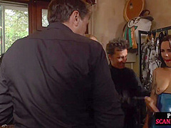 Tattooed public slut anally drilled and spanked in group