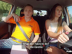 Eurobabe fucks tutor in cowgirl after oral in the car