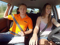 Eurobabe fucks tutor in cowgirl after oral in the car