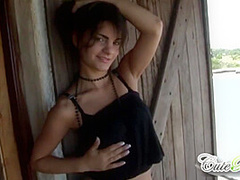 Busty petite solo teen shows off her breasts