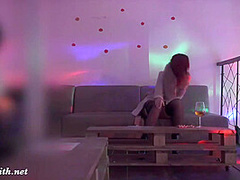 Jeny Smith teasing a stranger. Then he strokes her in a Night Club