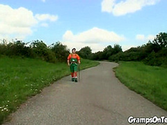 Teen ***gystyled outdoors with masturbating GILF