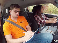 Pierced brunette in pantyhose fucks her driving tutor