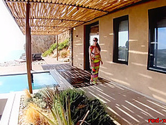 Redhead MILF Red XXX masturbating outside by the pool