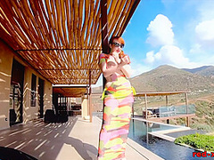 Redhead MILF Red XXX masturbating outside by the pool