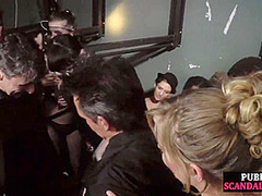 Busty public bdsm sub gangbanged and whipped in group