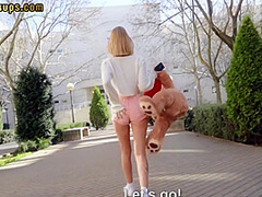 Pulled euro beauty riding cock outdoors after picked up