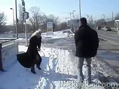Nikky Blond Blowjob on Street and rubbing Pussy at Car