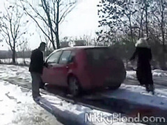 Nikky Blond Blowjob on Street and rubbing Pussy at Car