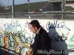 Nikky Blond Blowjob on Street and rubbing Pussy at Car