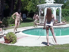 Two Dommes Train Whip Humiliate And Measure Cocks Of Two Naked Male