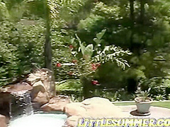 Little Summer with tight pussy fingering at balcony