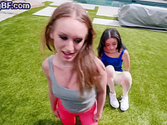 Outdoor gf sharing pov bf in threeway before riding cock