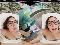 Busty brunette babysitter masturbates with her toy in virtual reality