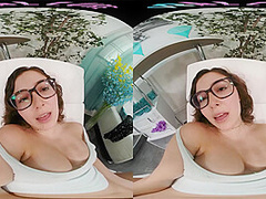 Busty brunette babysitter masturbates with her toy in virtual reality