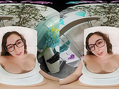 Busty brunette babysitter masturbates with her toy in virtual reality