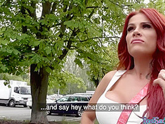 Inked busty redhead rides after pickedup and paid for sex