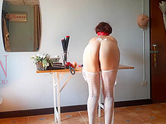 The Naked Secretary In The Office Wiht White Apron Blows Balloons, Masturbates
