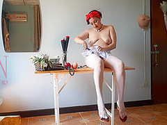 The Naked Secretary In The Office Wiht White Apron Blows Balloons, Masturbates