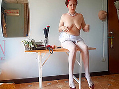 The Naked Secretary In The Office Wiht White Apron Blows Balloons, Masturbates