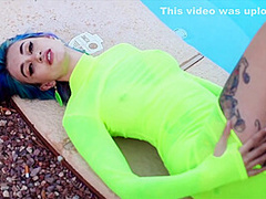 Blue-haired Babe Riding And Suck Dildo - Facial Imitation Near The Pool