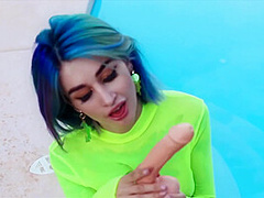 Blue-haired Babe Riding And Suck Dildo - Facial Imitation Near The Pool