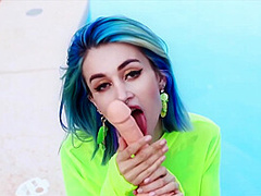 Blue-haired Babe Riding And Suck Dildo - Facial Imitation Near The Pool