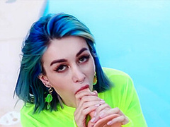 Blue-haired Babe Riding And Suck Dildo - Facial Imitation Near The Pool