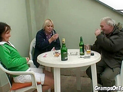 Teen rides grandpa cock in filthy threesome