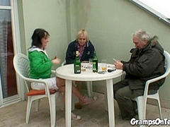 Teen rides grandpa cock in filthy threesome