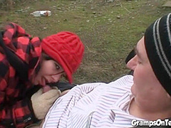 Fuck teen bangs oldie in public