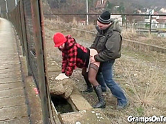 Fuck teen bangs oldie in public