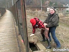 Fuck teen bangs oldie in public