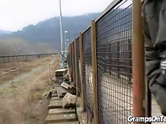 Fuck teen bangs oldie in public