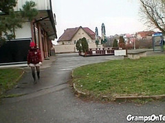 Fuck teen bangs oldie in public