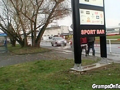 Fuck teen bangs oldie in public